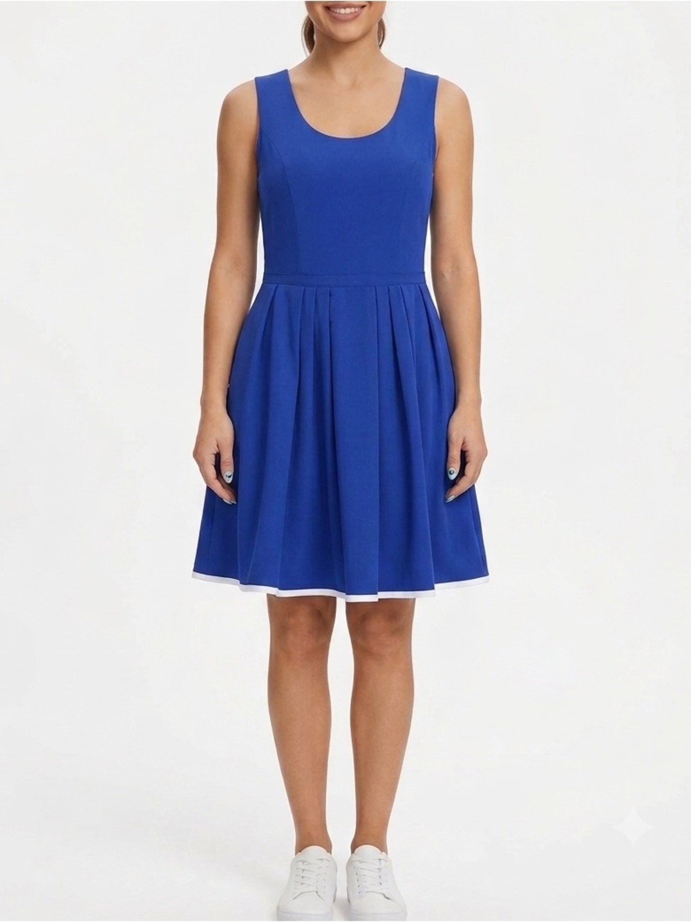 Pink Tartan Royal Blue White Contrast Pleated Fit Flare Dress with Pockets 8